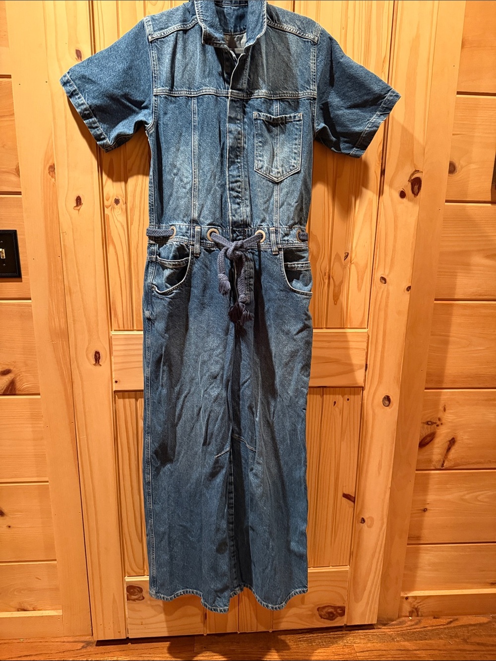 Free People Blue Denim Short-Sleeve Jumpsuit with Drawstring